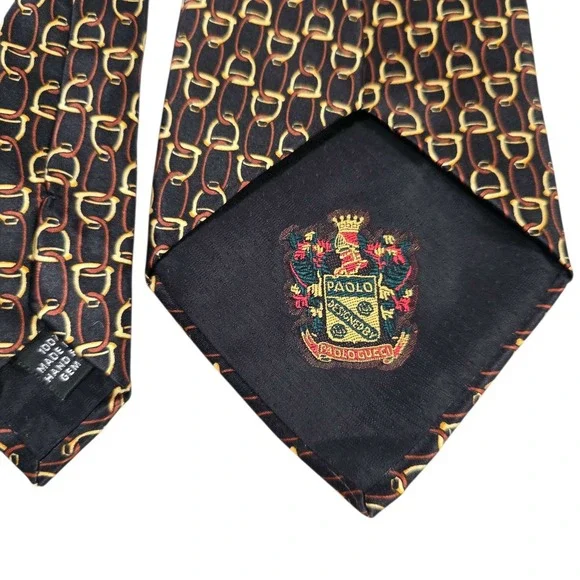 PAOLO GUCCI Silk Tie Equestrian‎ Bit Pattern Black Gold Red Designer Mens